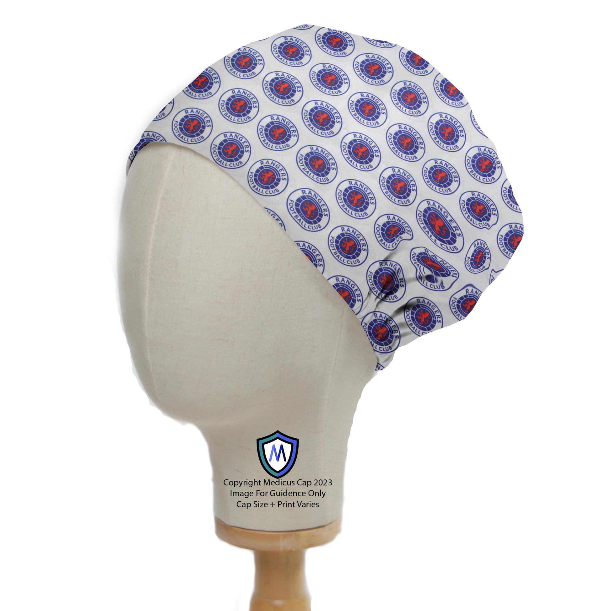 Football Club Rangers FC Scrub Cap from Medicus Scrub Caps, featuring a repeating logo pattern on a white background.