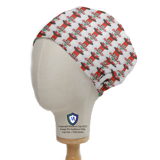 The Medicus Scrub Caps Football Club Southampton FC Scrub Cap features a playful pattern of kittens in red and green hats, adding charm to medical settings.