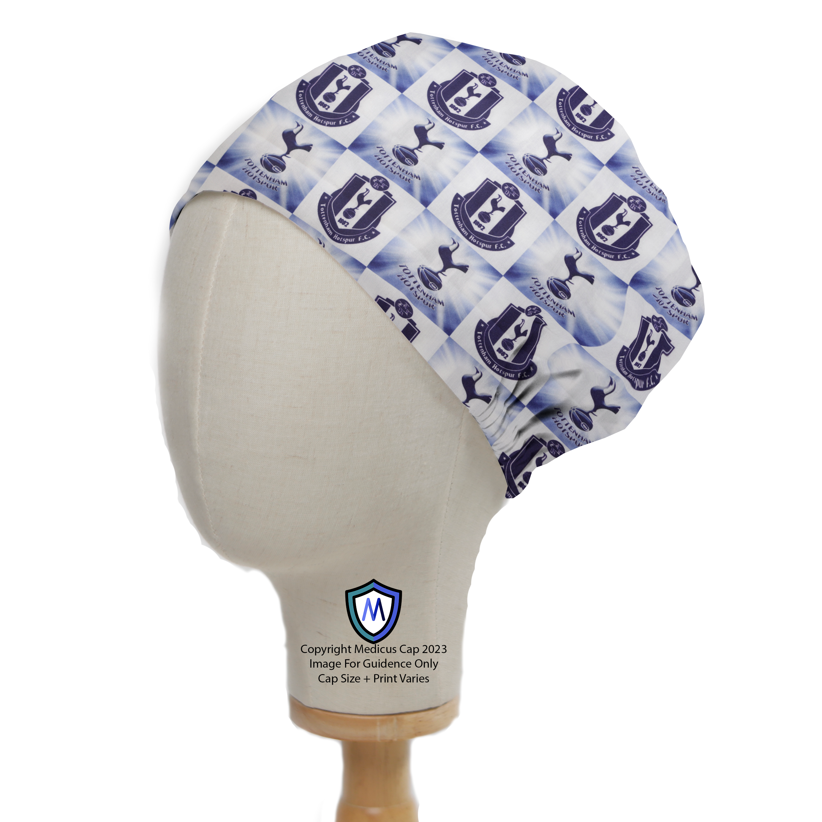 Football Club Tottenham Hotspurs FC Scrub Cap from Medicus Scrub Caps, featuring a custom design with club crests and logos on a patterned fabric.