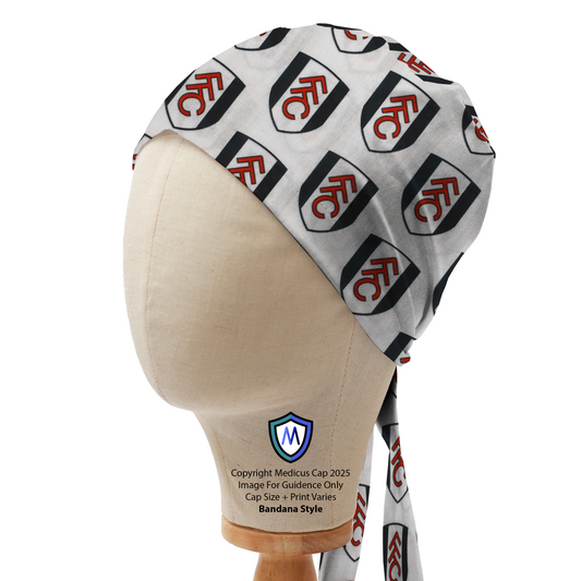 Medicus Scrub Cap with Fulham FC logo pattern, bandana style. Stylish and practical headwear for football fans in medical settings.