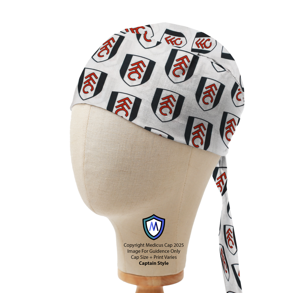 Medicus Scrub Cap featuring a Fulham FC football-themed pattern in Captain style, displayed on a mannequin head.