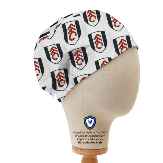 Medicus Scrub Cap featuring a Fulham FC football-themed design, displayed on a mannequin head. Elastic-backed style for a secure fit.