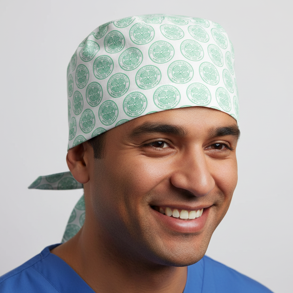 Football Club Celtic FC scrub cap shown on model