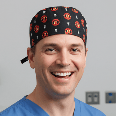 Football Club Manchester United Black scrub cap shown on model