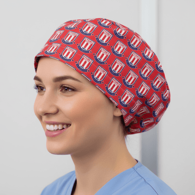Football Club Stoke City FC scrub cap shown on model