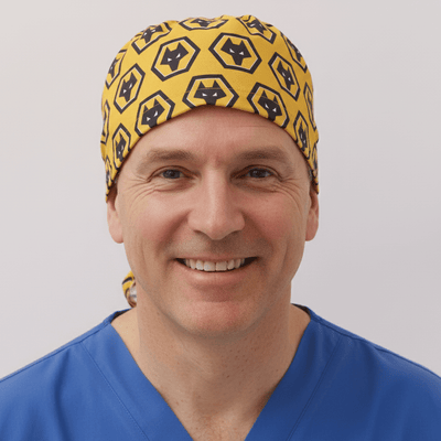 Football Club Wolverhampton scrub cap shown on model