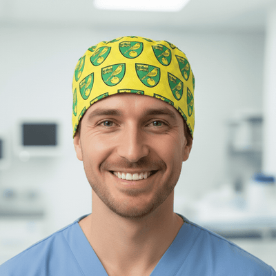 Football Norwich City FC scrub cap shown on model