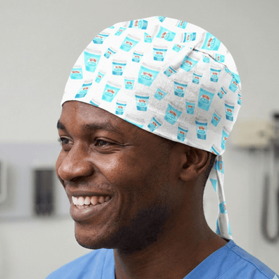 Friends Central Perk Coffee Cups scrub cap shown on model