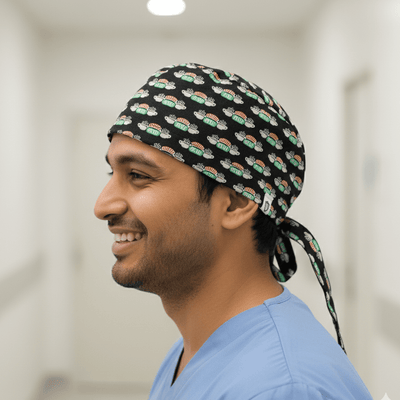 Friends Central Perk scrub cap shown on model
