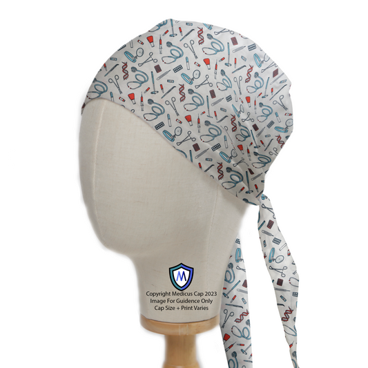 Hospital Tools On White #1 Scrub Cap from Medicus Scrub Caps, featuring a medical-themed pattern with tools like stethoscopes, syringes, and scissors on a white background.