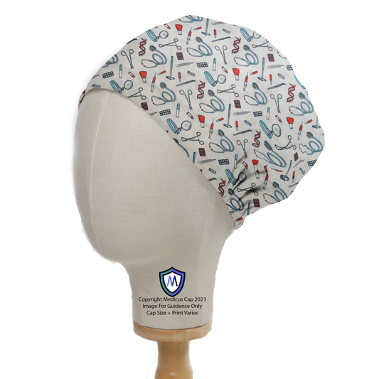 Hospital Tools On White #1 Scrub Cap from Medicus Scrub Caps, featuring a medical-themed pattern with stethoscopes, syringes, and scissors on a white background.