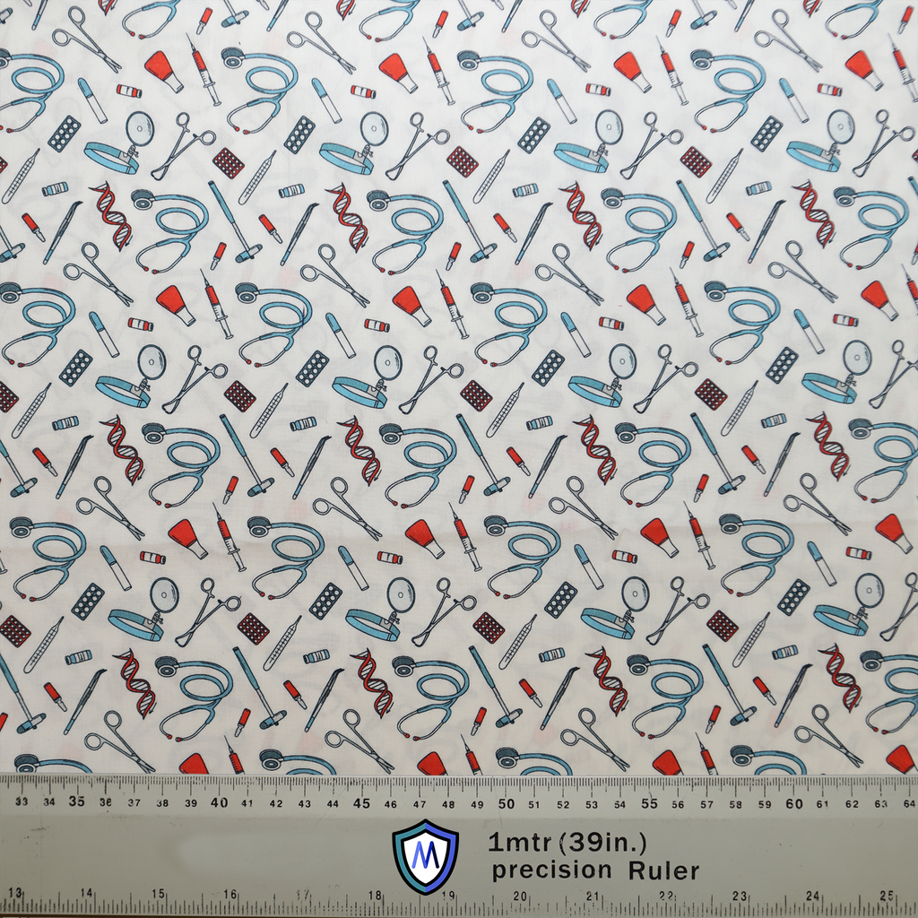 Hospital Tools On White #1 Scrub Cap from Medicus Scrub Caps, featuring a medical-themed pattern with stethoscopes, syringes, scissors, and pills on a white background.