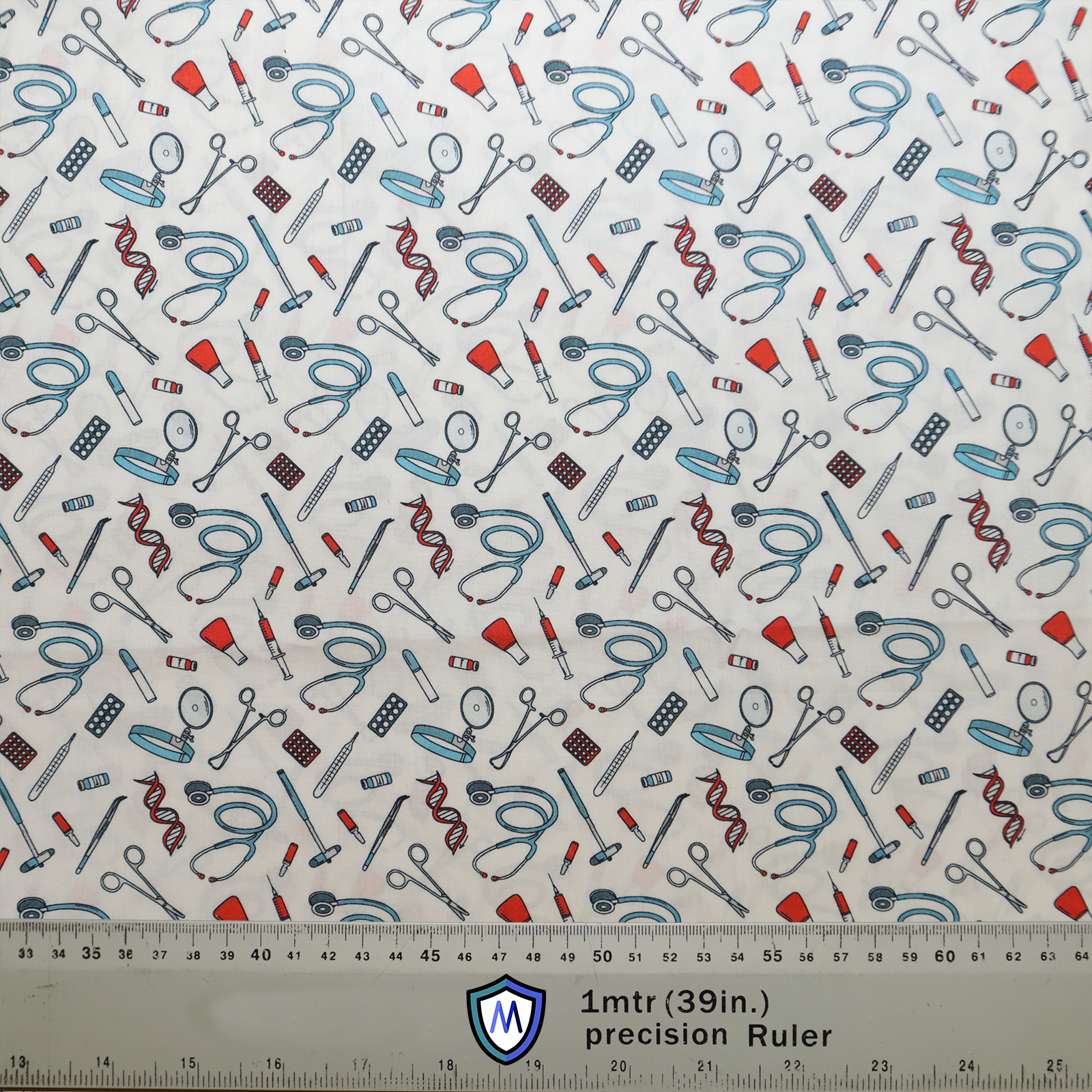 Hospital Tools On White #1 Scrub Cap from Medicus Scrub Caps, featuring a medical-themed pattern with stethoscopes, syringes, scissors, and pills on a white background.