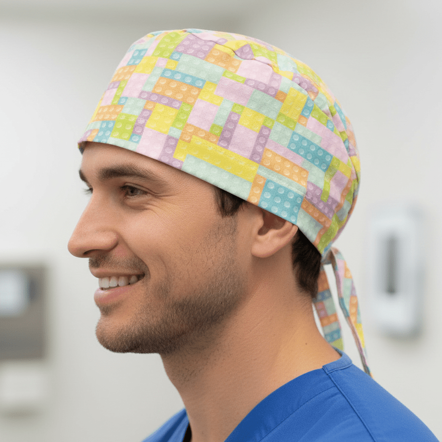 Gorro quirúrgico de colores pastel con temática de Lego Tetris