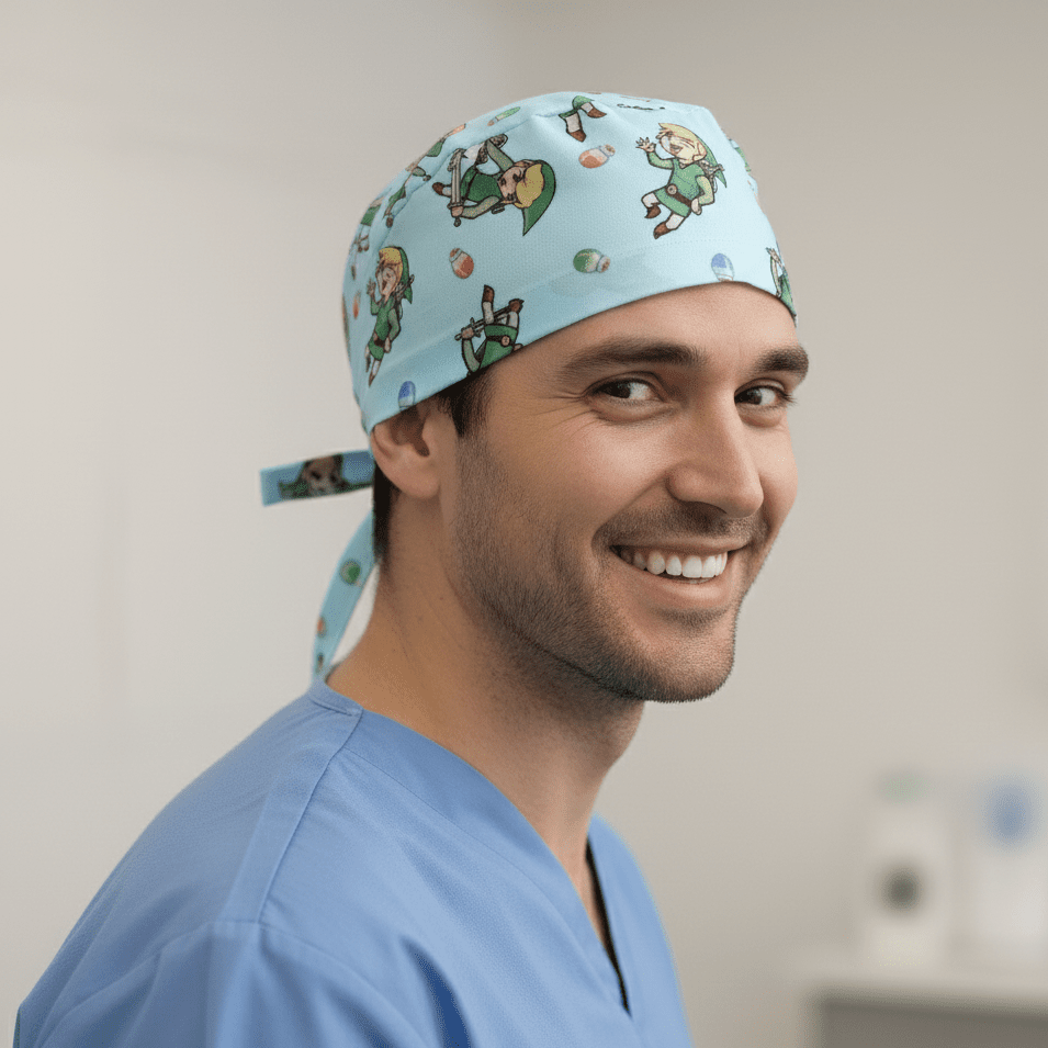 Games Zelda Retro scrub cap shown on model
