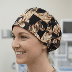 Woman wearing a scrub cap with German Shepherd dog print pattern