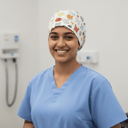 Germs Monster scrub cap shown on model