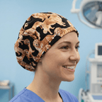 Golden Retriever scrub cap shown on model