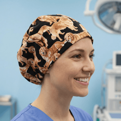 Golden Retriever scrub cap shown on model