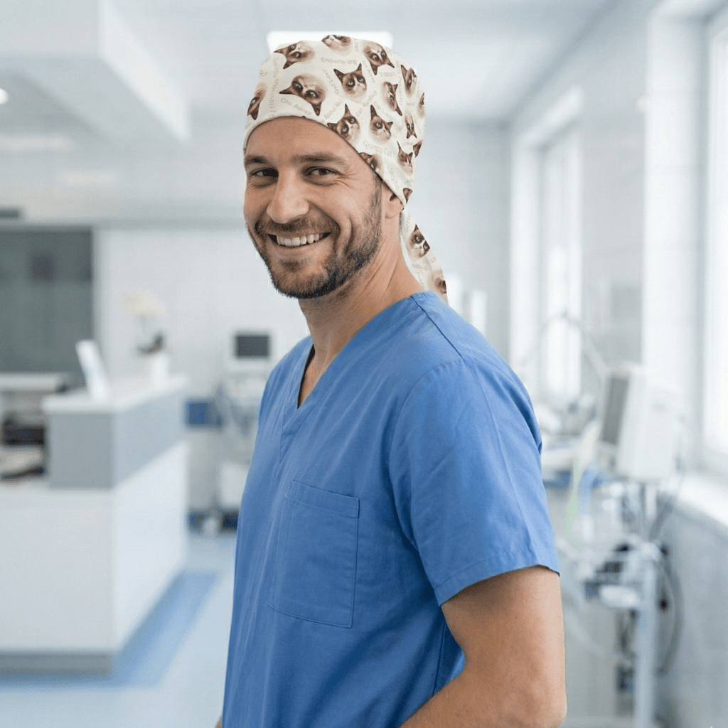 Grumpy Cat scrub cap pattern detail on mannequin
