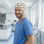 Grumpy Cat scrub cap shown on model