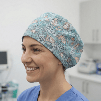 Guinea Pig Wild Life scrub cap shown on model