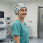Hamilton Theatre Kawaii scrub cap shown on model