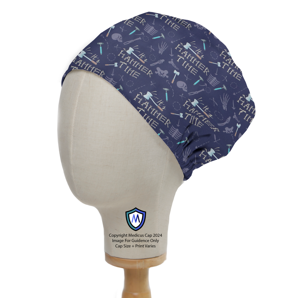 It's Hammer Time Bones Scrub Cap from Medicus Scrub Caps, featuring a dark background with orthopedic-themed illustrations and text.