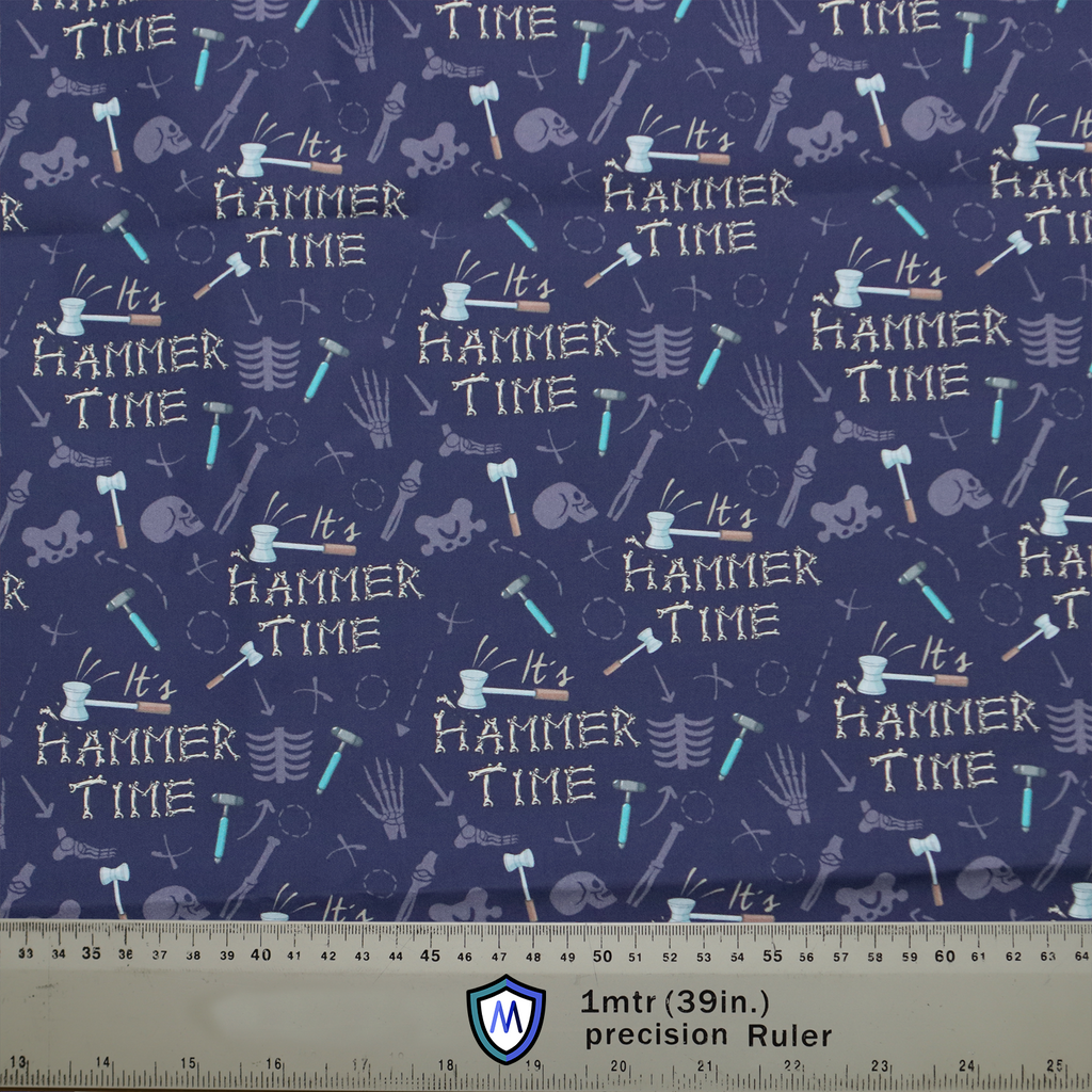 It's Hammer Time Bones Scrub Cap from Medicus Scrub Caps, featuring surgical tools, bones, and hammers on a dark background.