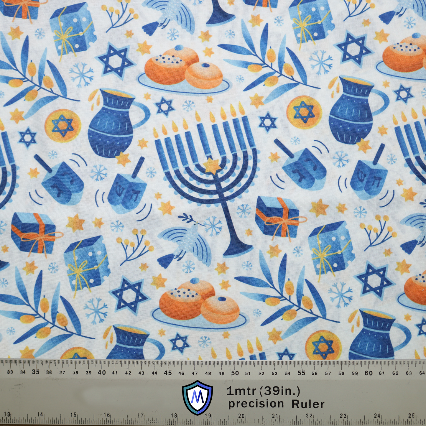 The Hanukkah Celebrations Trinkets Scrub Cap by Medicus Scrub Caps features menorahs, dreidels, gelt coins, gifts, and sufganiyot in vibrant blue and orange hues.