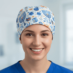 Hanukkah Celebrations Trinkets scrub cap shown on model