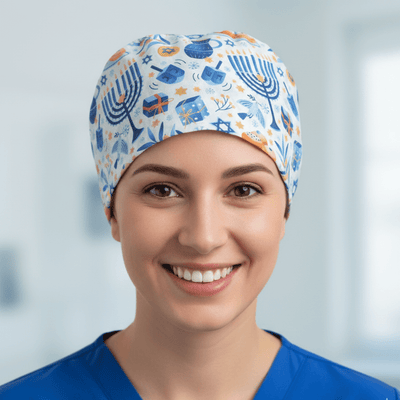 Hanukkah Celebrations Trinkets scrub cap shown on model
