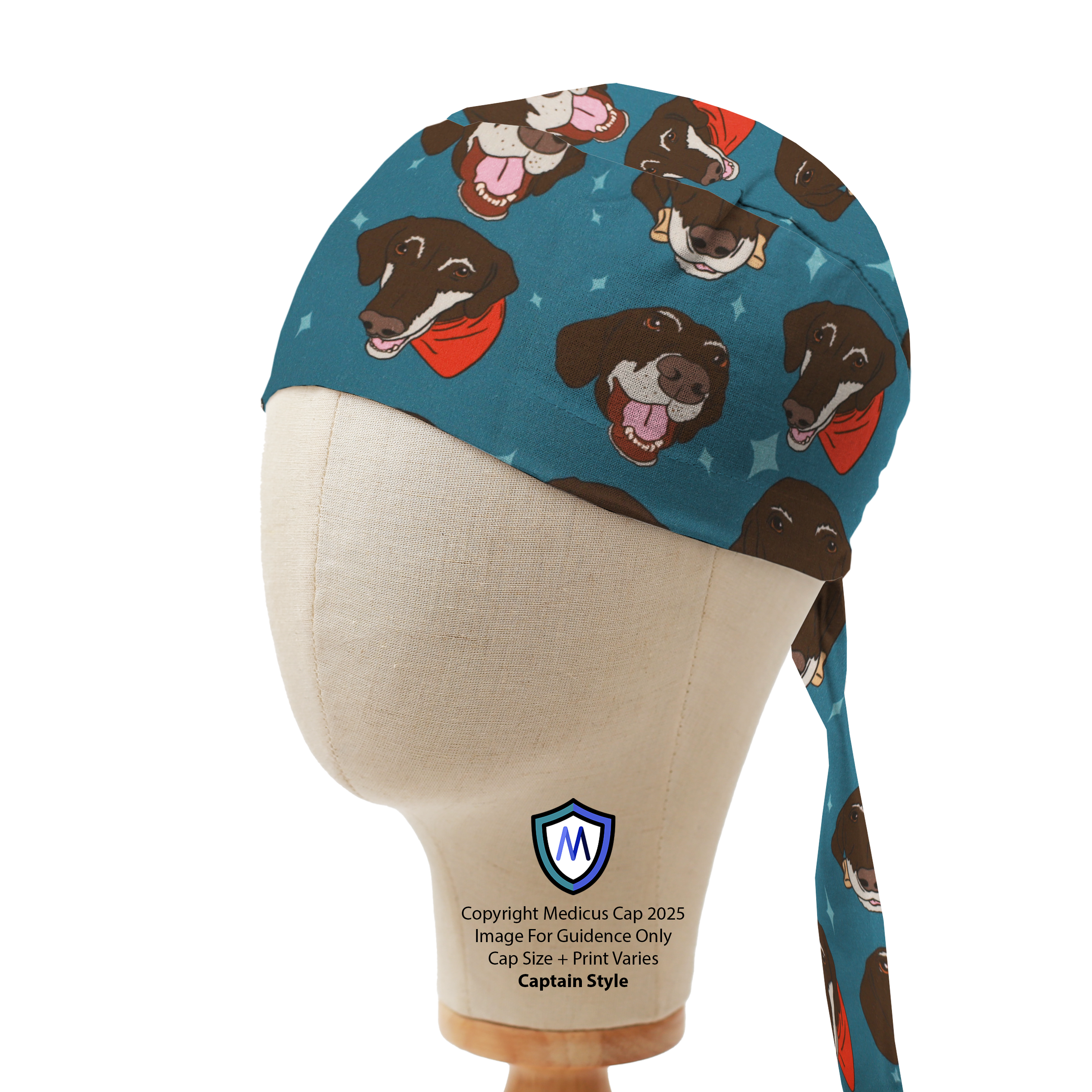 A mannequin displays the Happy Dog Neckerchief Scrub Cap by Medicus Scrub Caps, featuring cheerful brown dogs in red bandanas on a starry blue background.