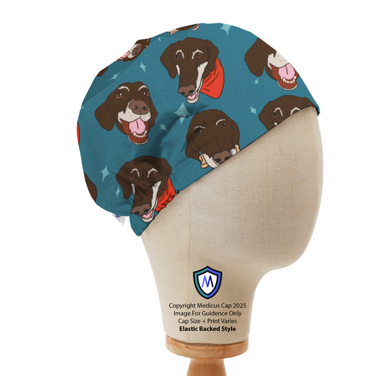 The Medicus Scrub Caps Happy Dog Neckerchief Scrub Cap features a teal cap with cheerful brown dogs in red bandanas, displayed on a mannequin head.