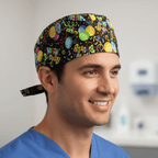 Happy Birthday scrub cap shown on model