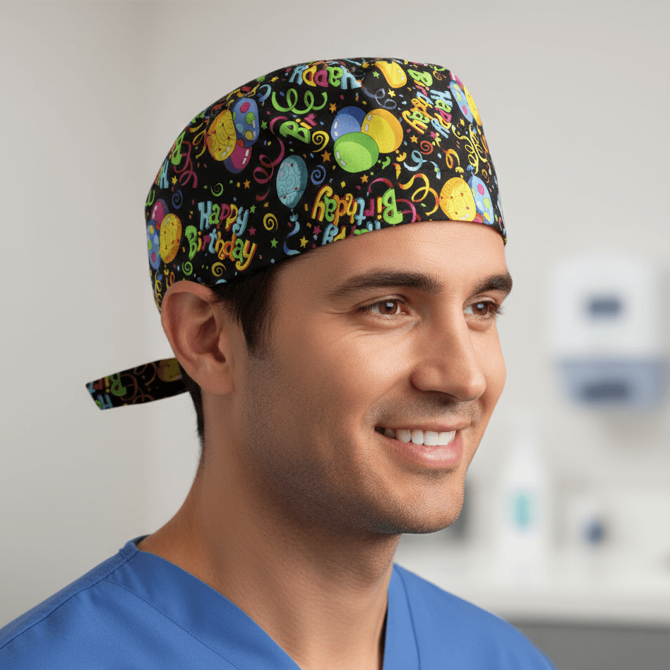 Happy Birthday Scrub Cap scrub cap flat lay view