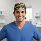Happy Birthday scrub cap shown on model