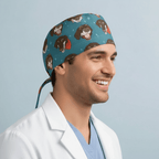 Happy Dog Neckerchief scrub cap shown on model