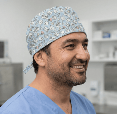 Happy Teeth Braces scrub cap shown on model