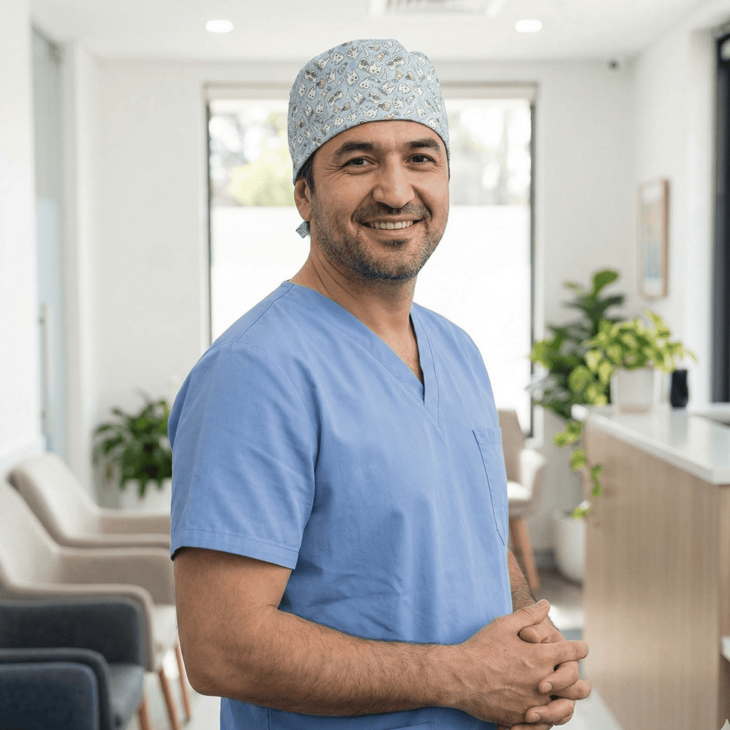 Happy Teeth Braces scrub cap pattern detail on mannequin
