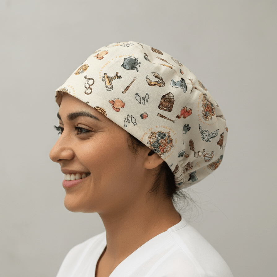 Varita de caldero con el escudo de Harry Potter sobre gorro de quirófano beige