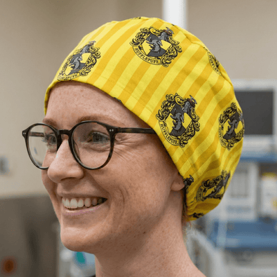 Harry Potter Hufflepuff scrub cap shown on model