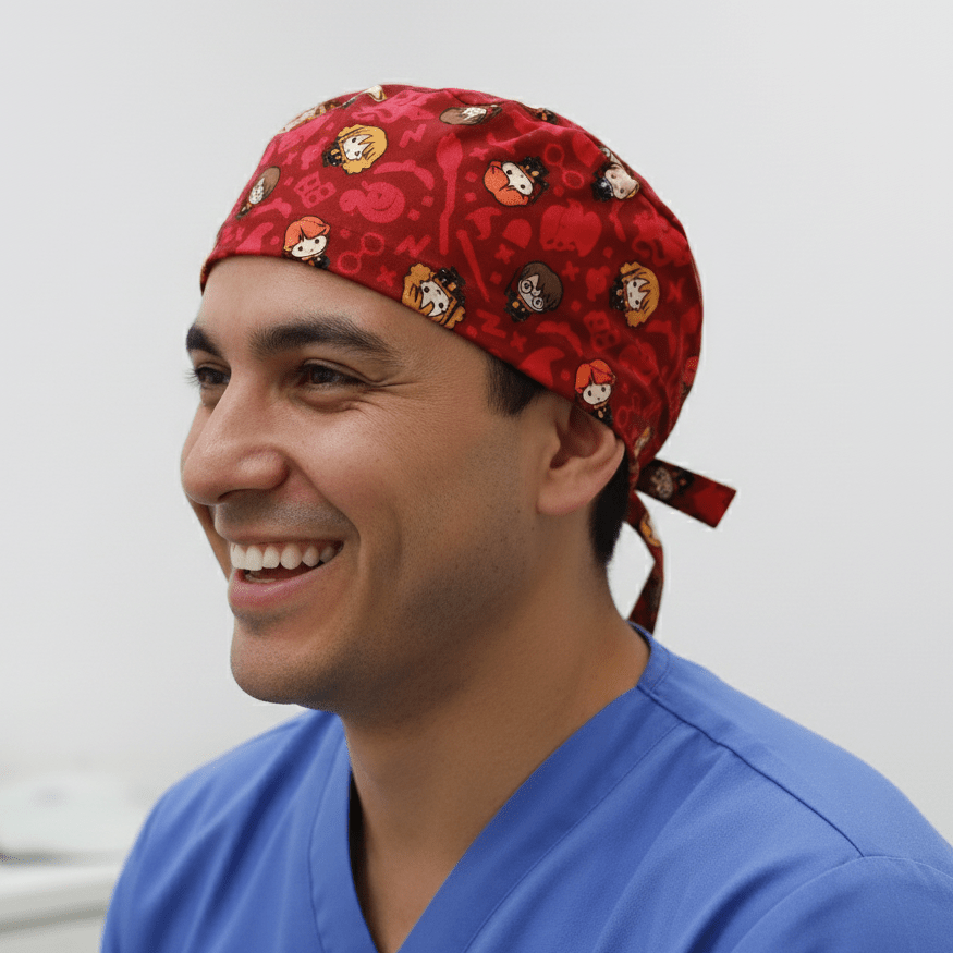 Gorro quirúrgico rojo con personajes kawaii de Harry Potter