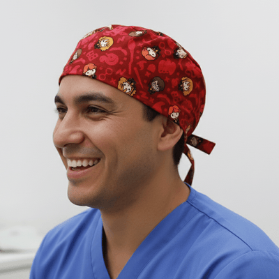 Harry Potter Kawaii Characters Red scrub cap shown on model