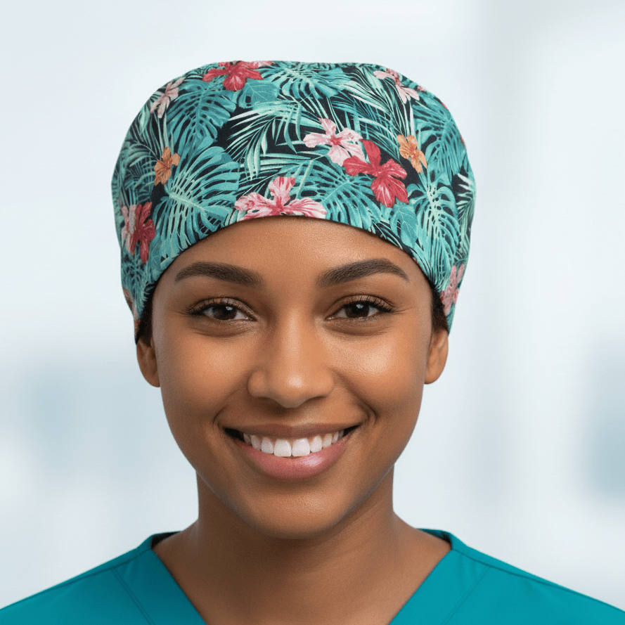 Gorro quirúrgico con estampado floral de palmeras y camisa hawaiana