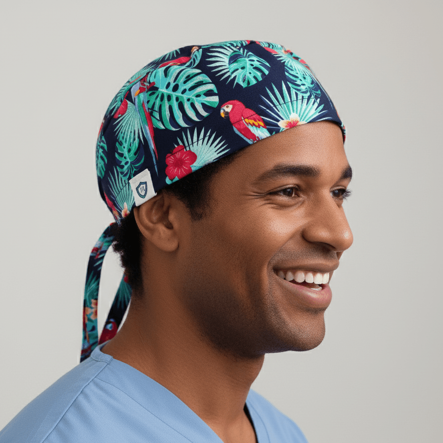 Camisa hawaiana con gorro de quirófano con palmeras y pájaros