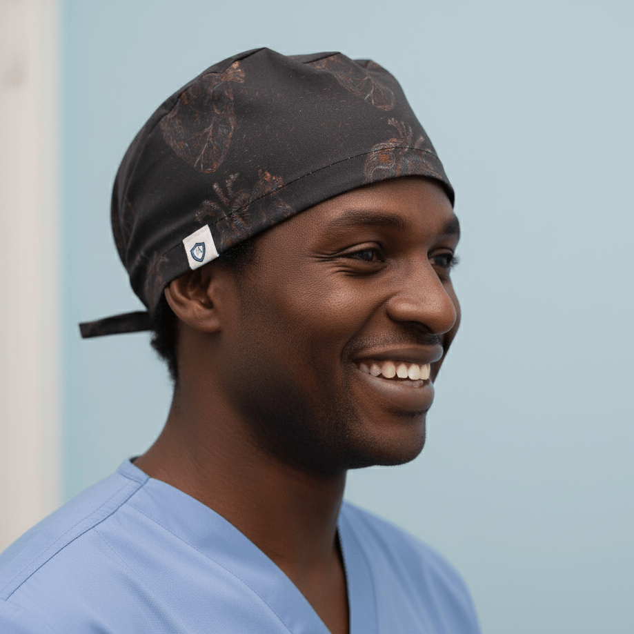 Gorro quirúrgico negro con corazón descolorido