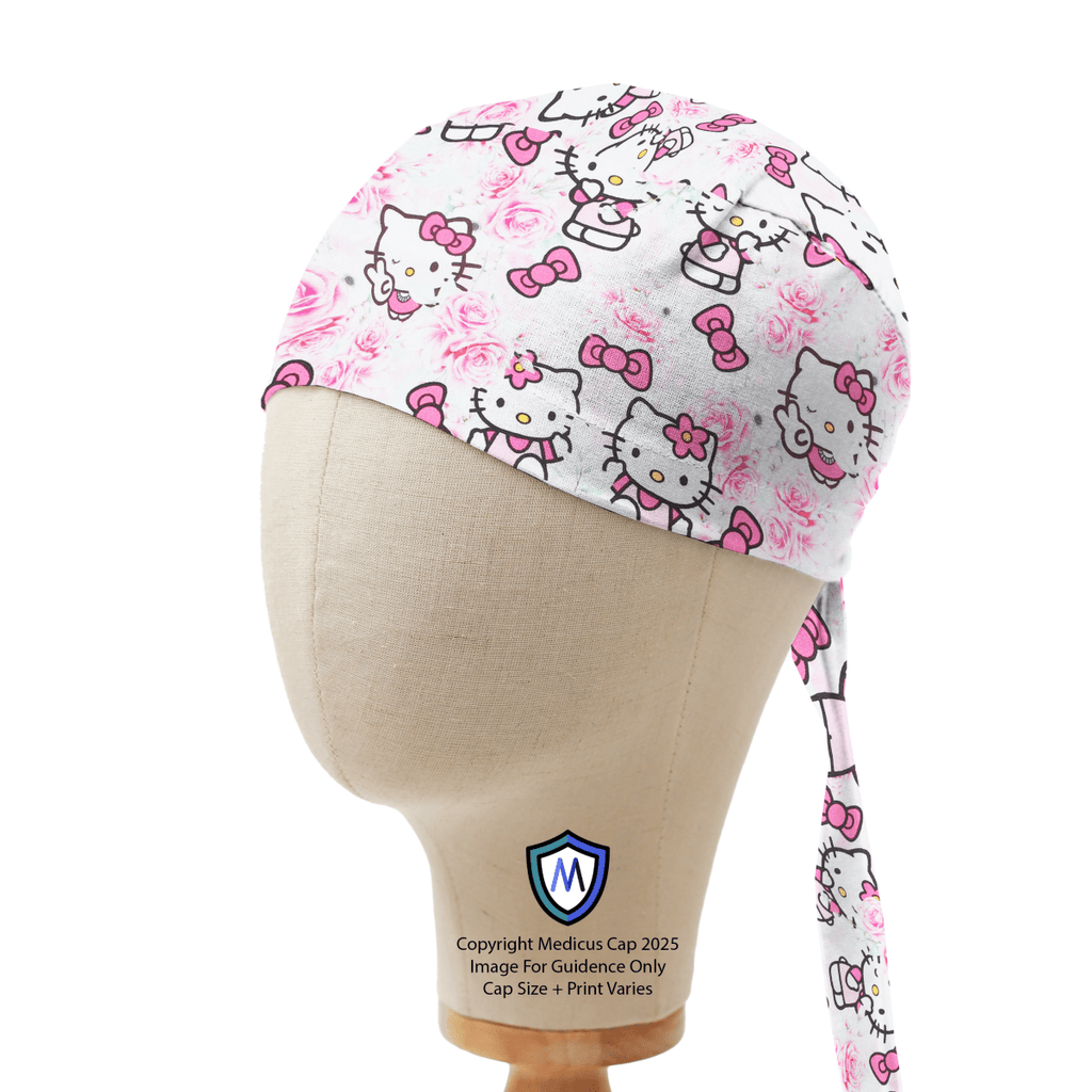 Captain style scrub cap featuring Hello Kitty in a pink rose garden pattern with bows, shown on mannequin side view.