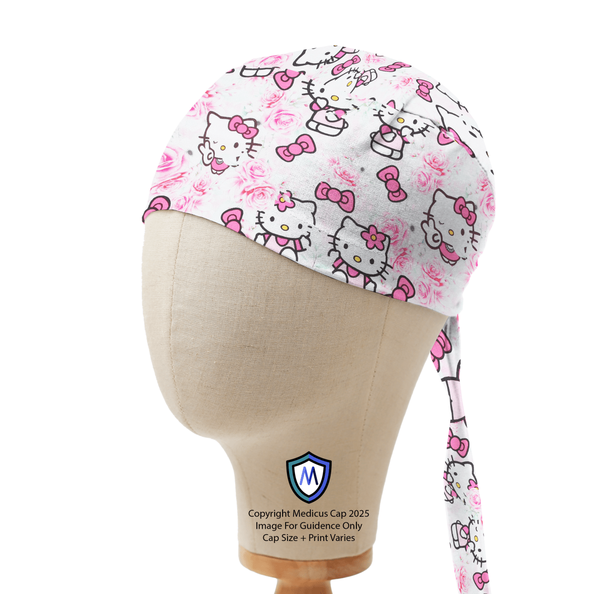 Captain style scrub cap featuring Hello Kitty in a pink rose garden pattern with bows, shown on mannequin side view.