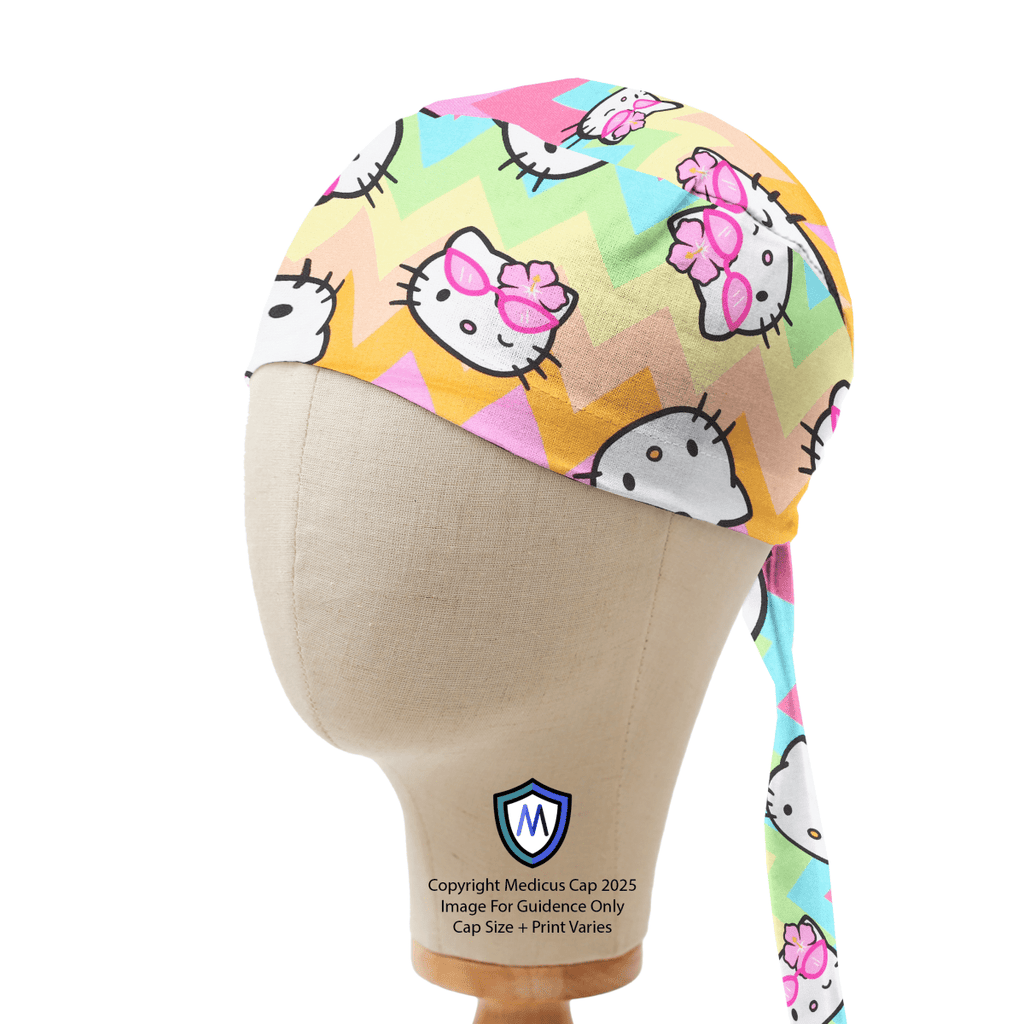 Captain style scrub cap featuring Hello Kitty on pastel rainbow zigzag pattern with chevron stripes, shown on mannequin side view.